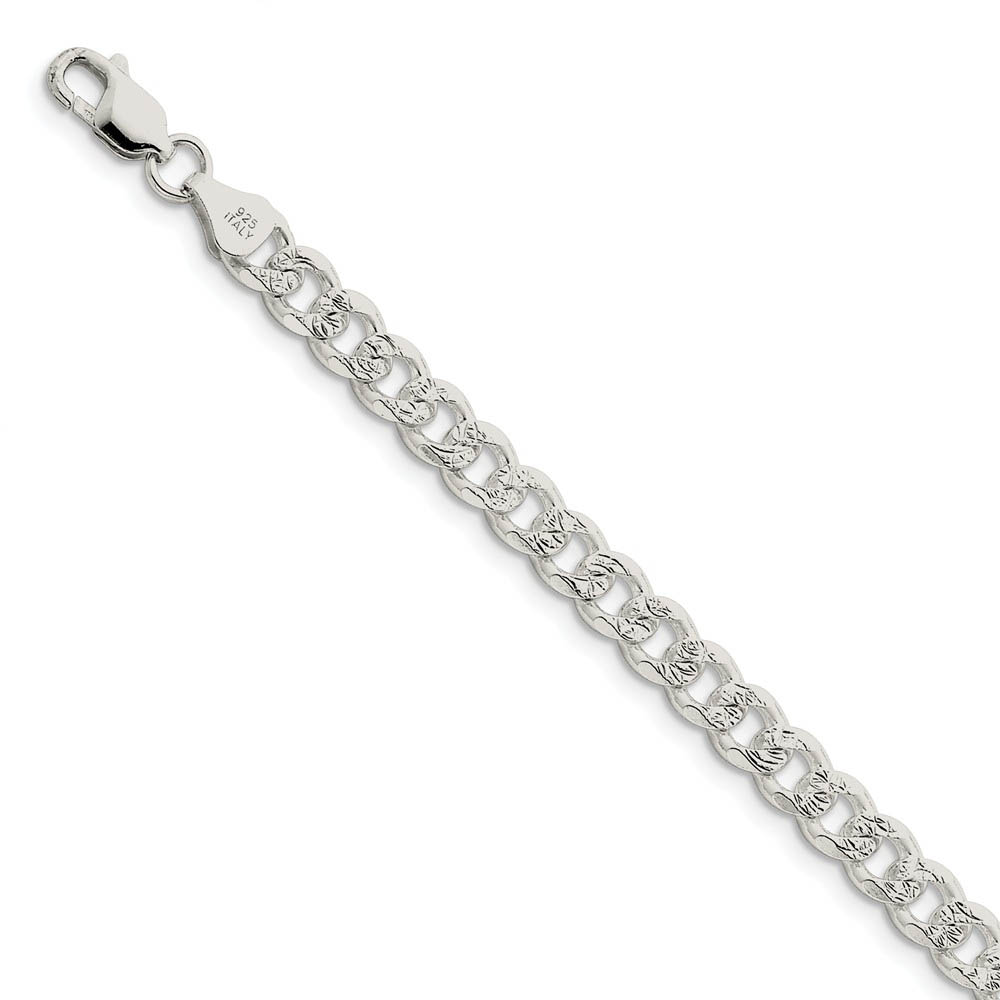 Men&#039;s 7mm, Sterling Silver Solid Pave Curb Chain Bracelet