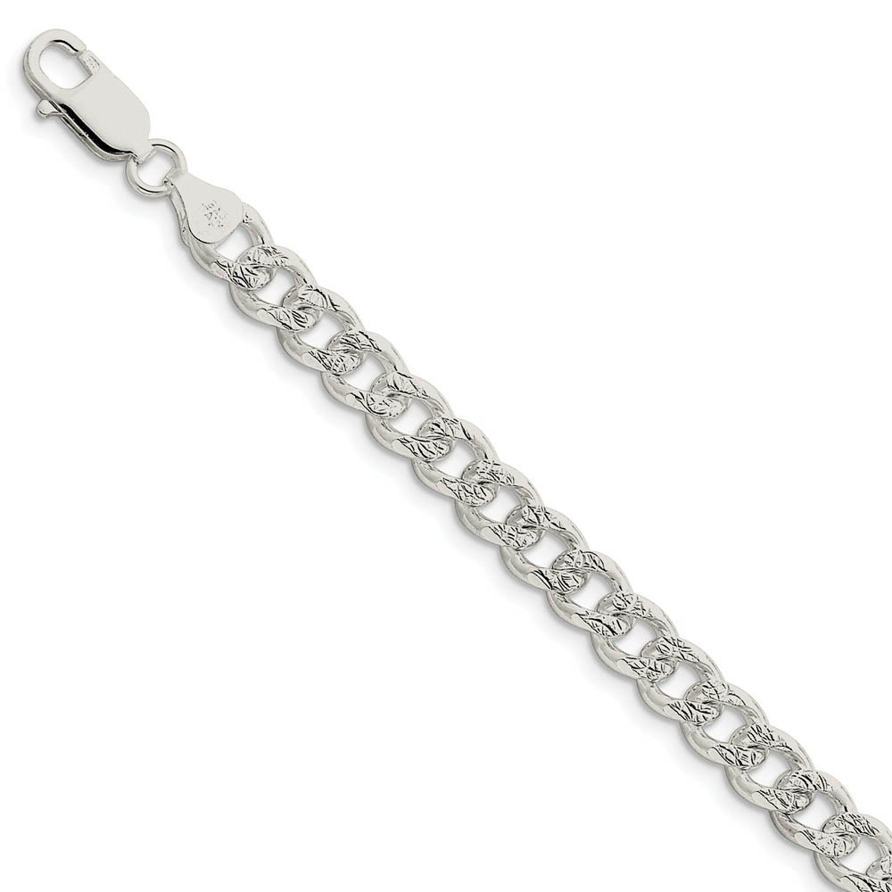 Men&#039;s 7.5mm, Sterling Silver Solid Pave Curb Chain Bracelet