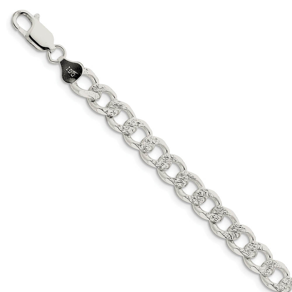 Men&#039;s 8mm, Sterling Silver Solid Pave Curb Chain Bracelet