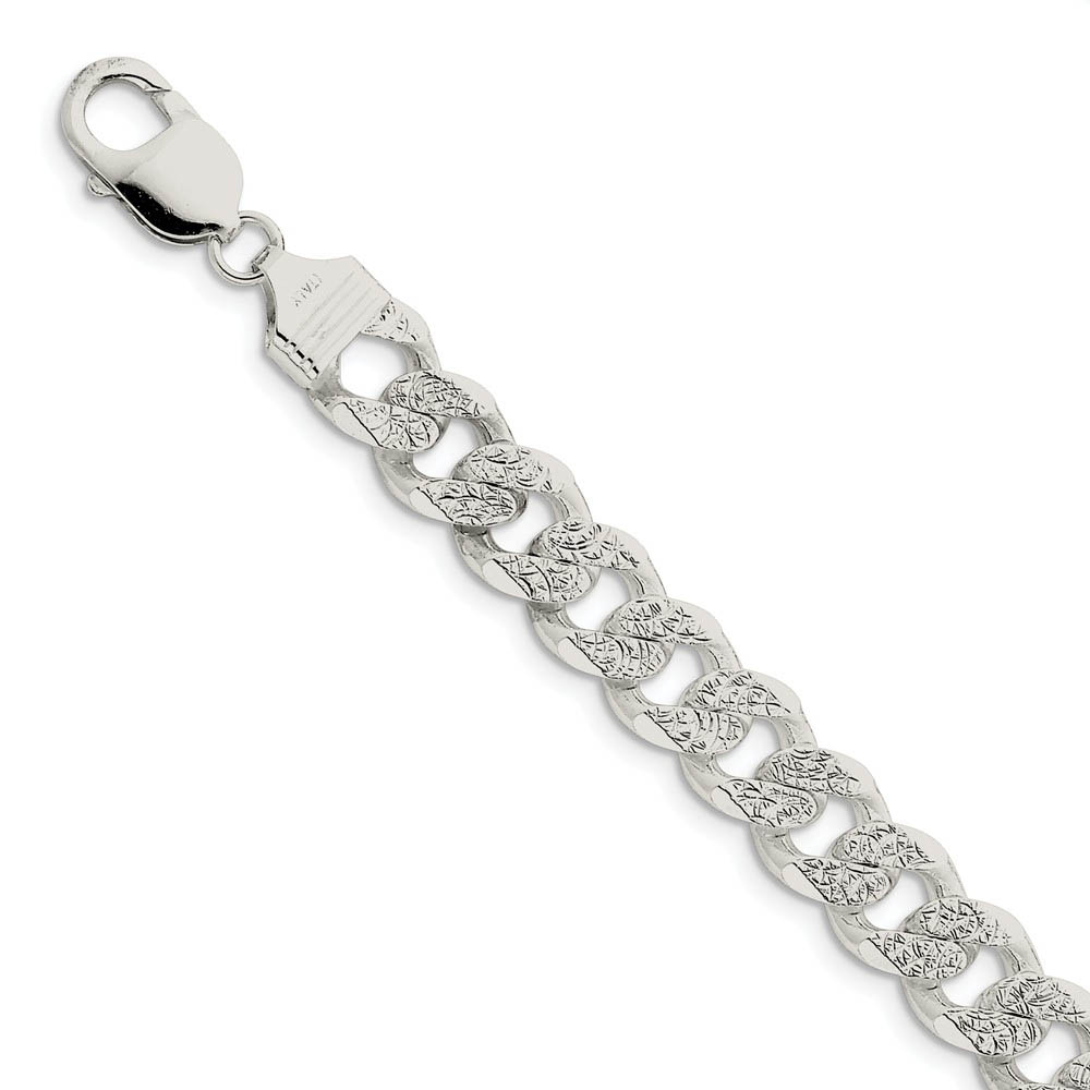 Men&#039;s 10.5mm, Sterling Silver Solid Pave Curb Chain Bracelet