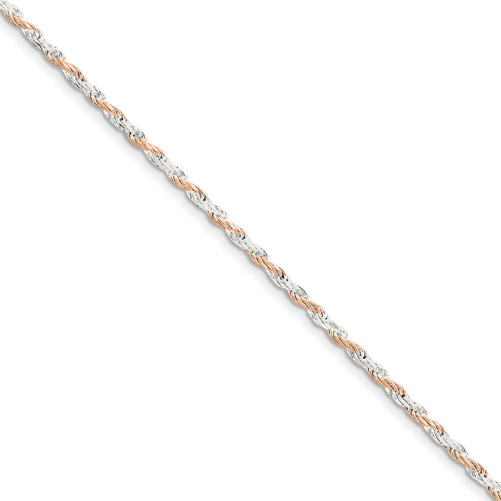 2.5mm Sterling Silver & 10k Rose Plated Rope Chain Bracelet, 8 In