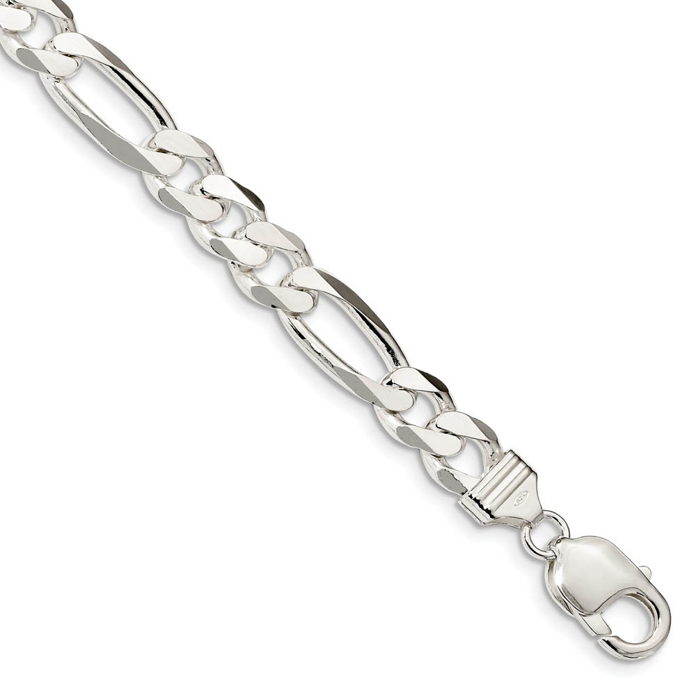 Men's 9mm, Sterling Silver, Solid Figaro Chain Bracelet, 8 Inch