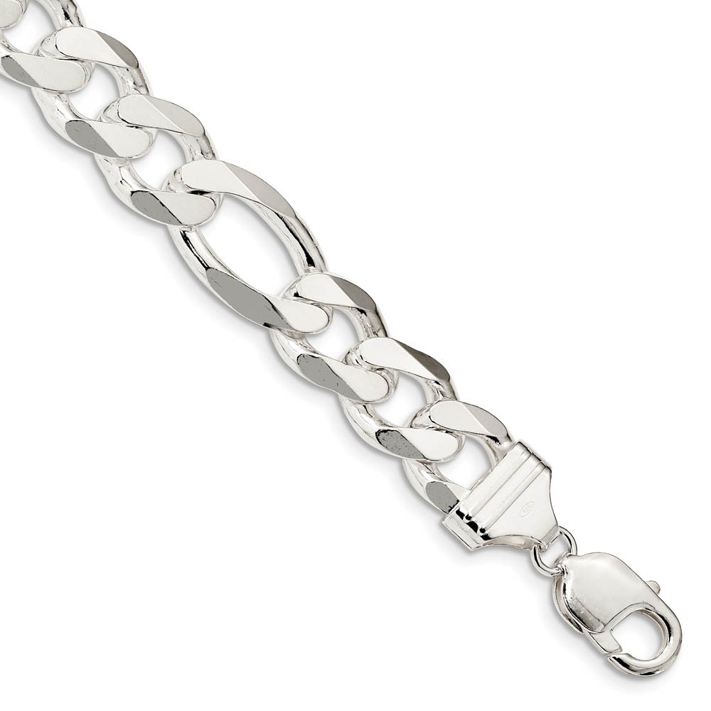 Men&#039;s 13.5mm, Sterling Silver, Solid Figaro Chain Bracelet, 8 Inch