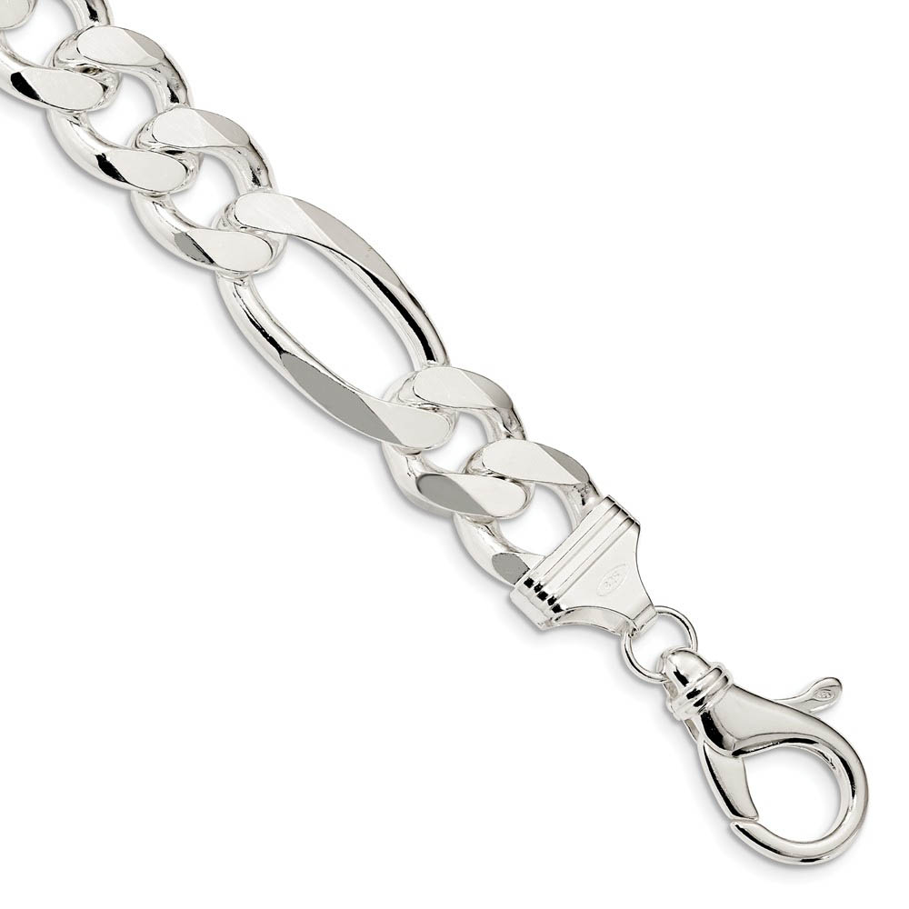 Men's 15mm, Sterling Silver, Solid Figaro Chain Bracelet, 9 Inch