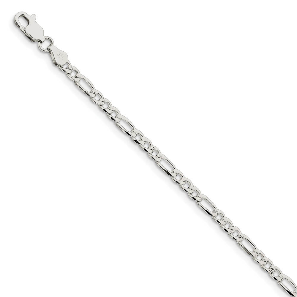 4mm, Sterling Silver, Pave Flat Figaro Chain Bracelet, 7 Inch