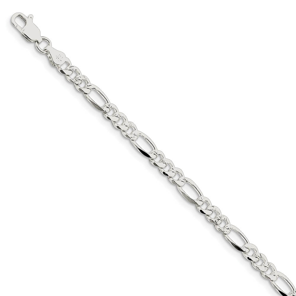 4.75mm, Sterling Silver, Pave Flat Figaro Chain Bracelet, 7 Inch