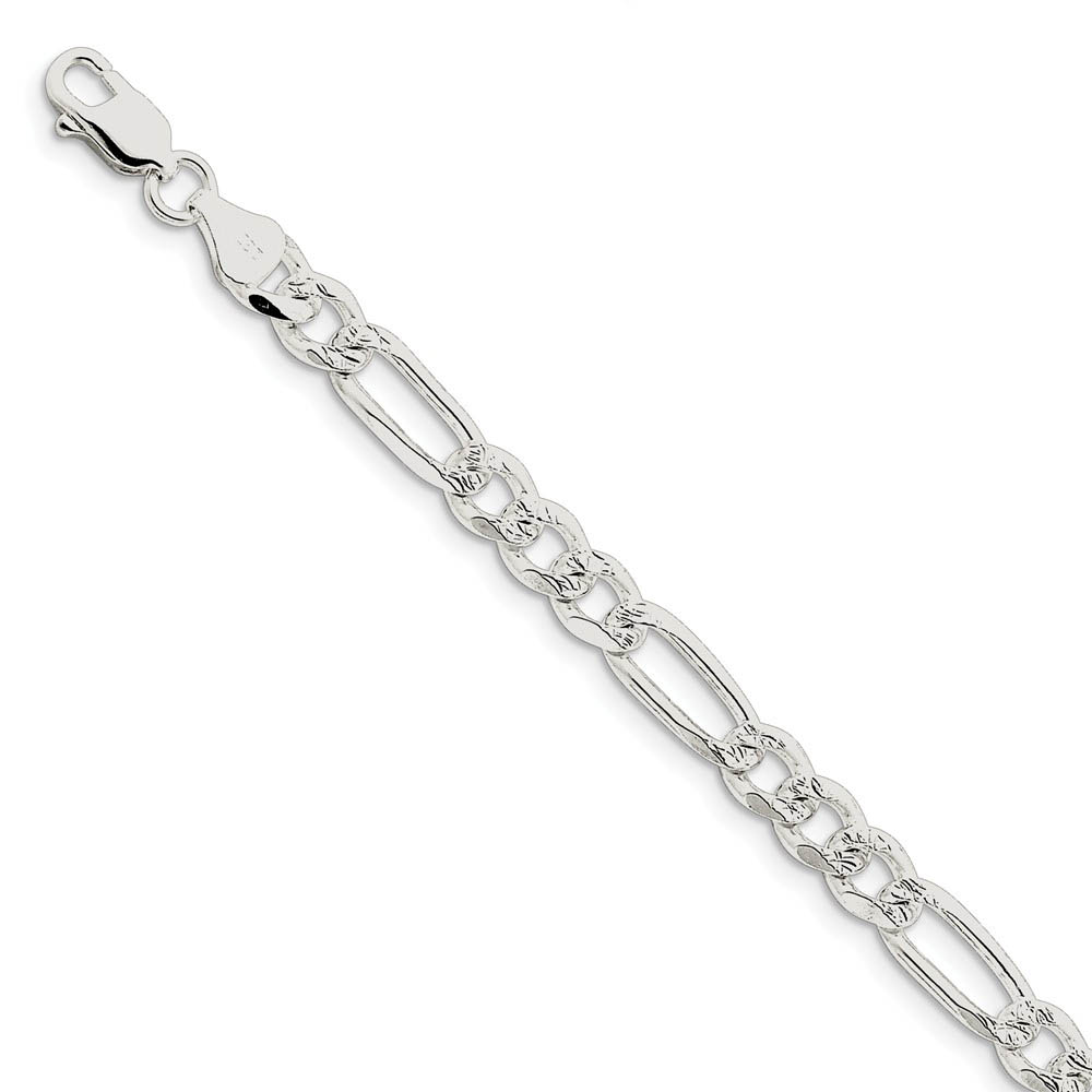 Men&#039;s 7mm, Sterling Silver, Pave Flat Figaro Chain Bracelet