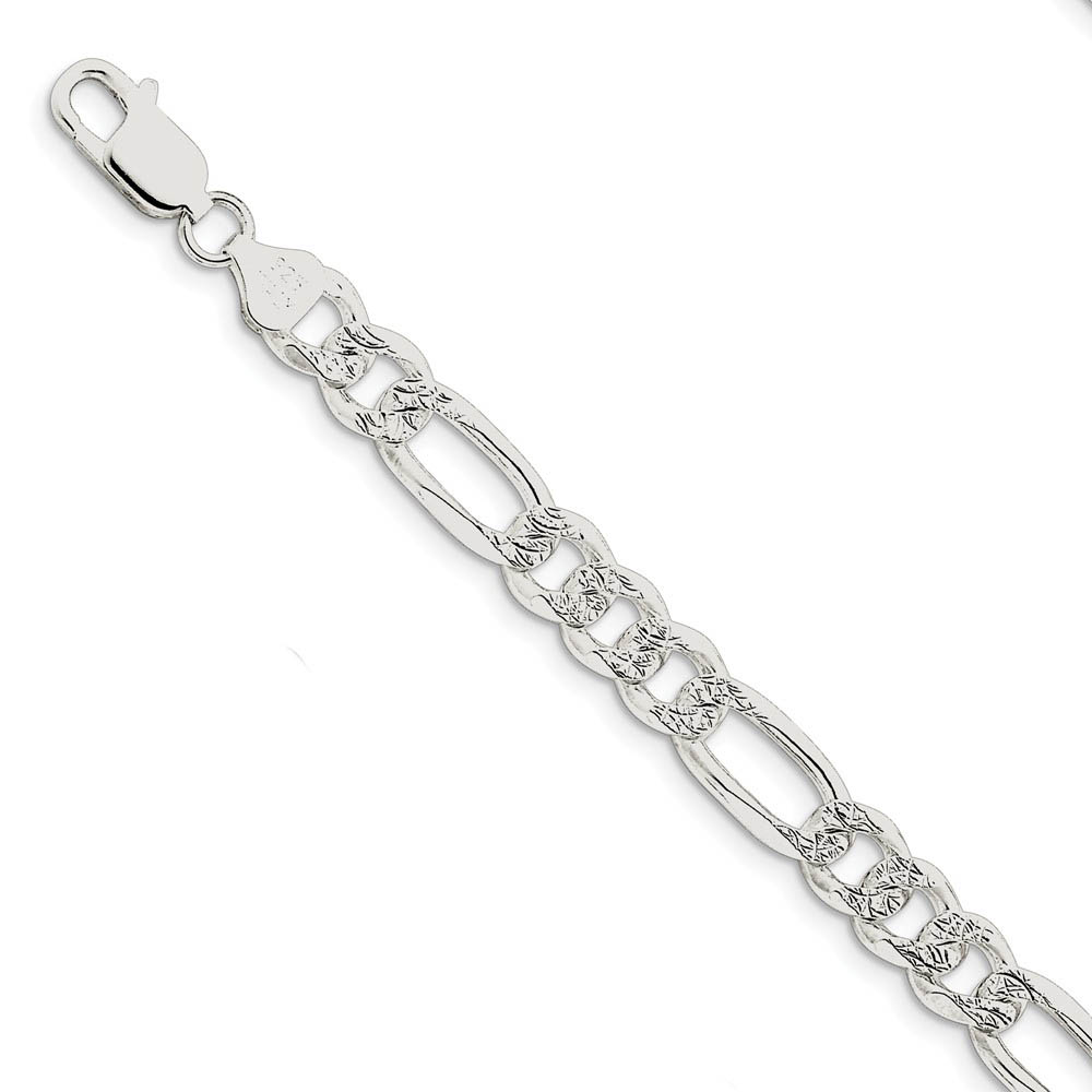 Men&#039;s 8mm, Sterling Silver Pave Flat Figaro Chain Bracelet, 8 Inch