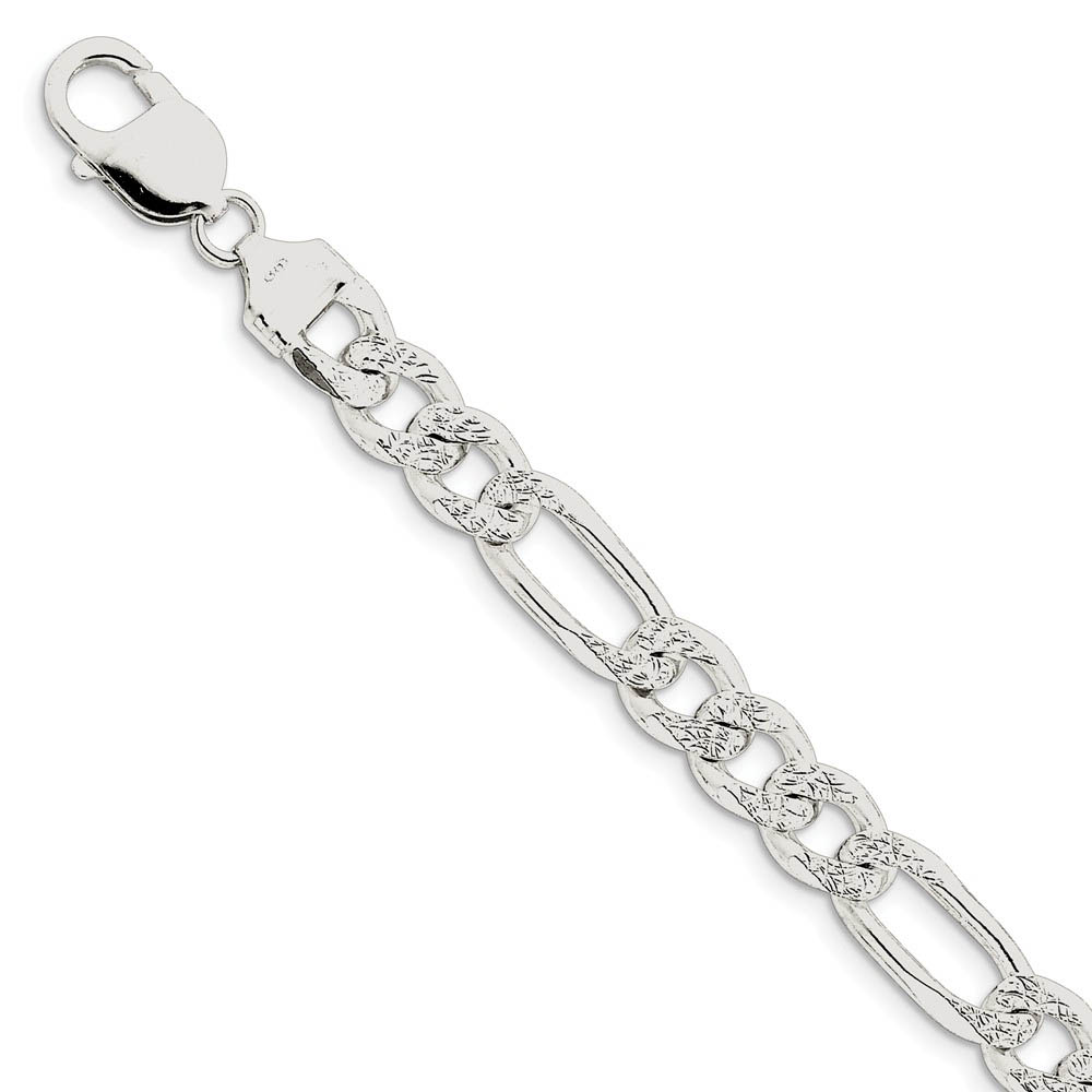 Men&#039;s 9.5mm Sterling Silver Pave Flat Figaro Chain Bracelet, 8 Inch