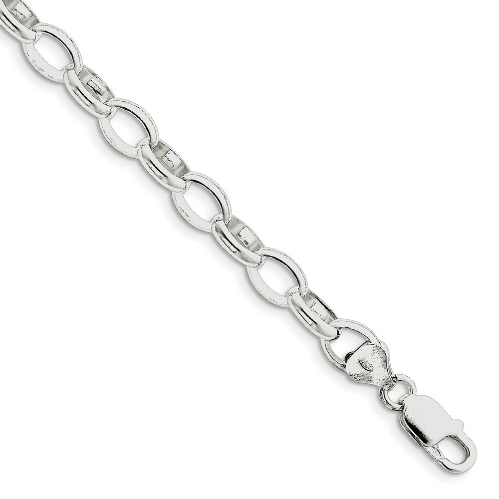 8mm, Sterling Silver Oval Solid Rolo Chain Bracelet, 7 Inch