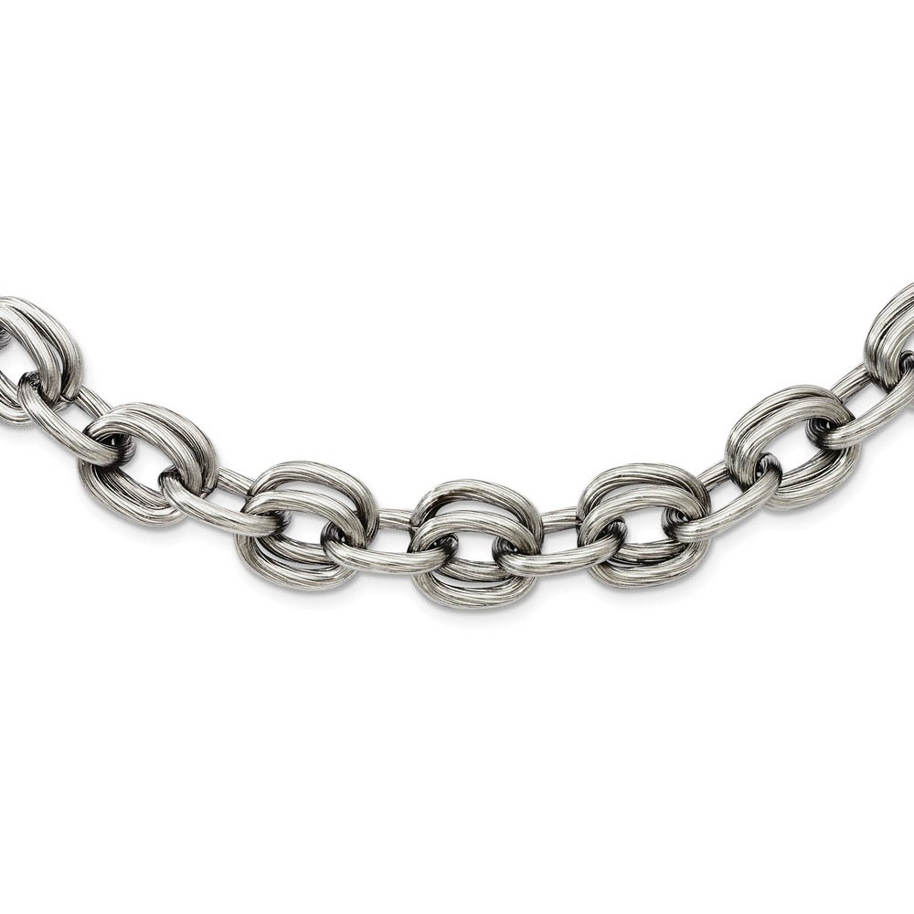 Men&#039;s Stainless Steel 11mm Textured and Brushed Link Necklace 22 Inch