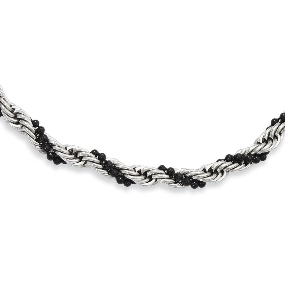 Stainless Steel &amp; Black Tone 4mm Ball &amp; Twisted Rope Necklace