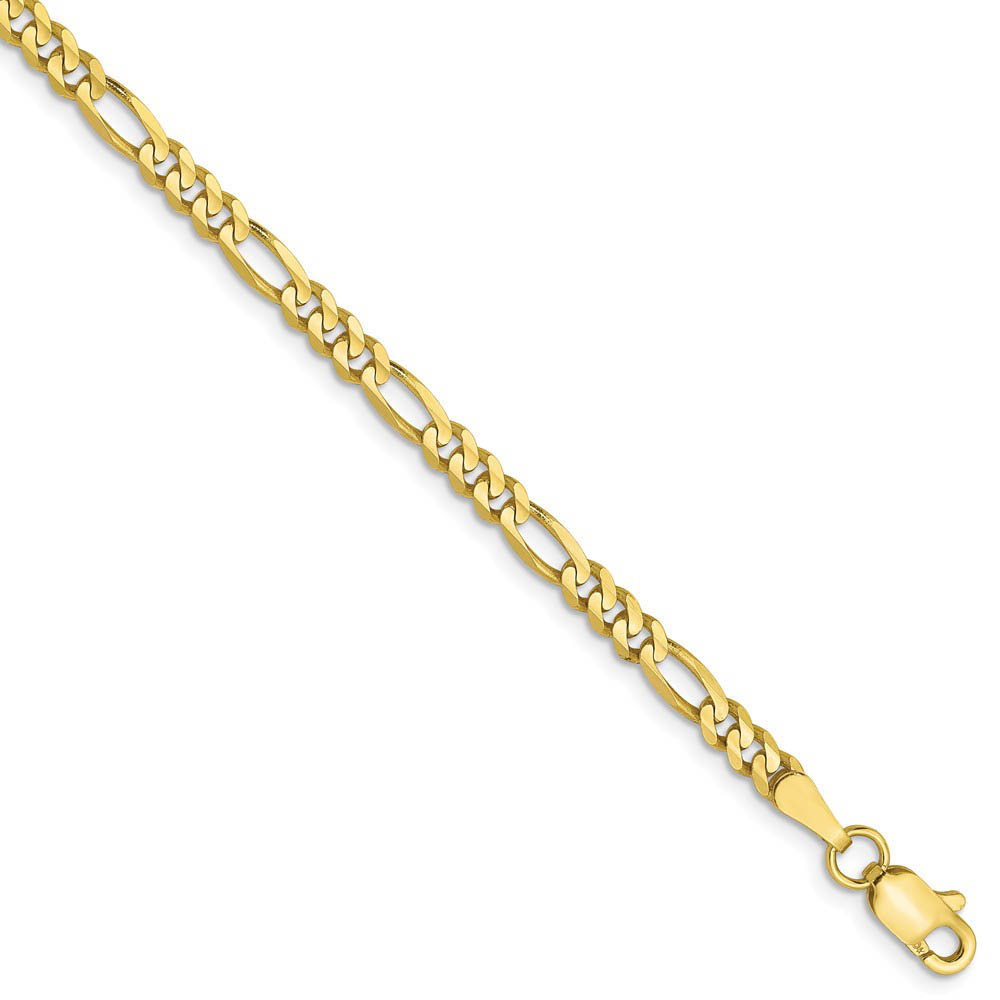 3mm 10k Yellow Gold Solid Diamond Cut Figaro Chain Bracelet, 7 Inch