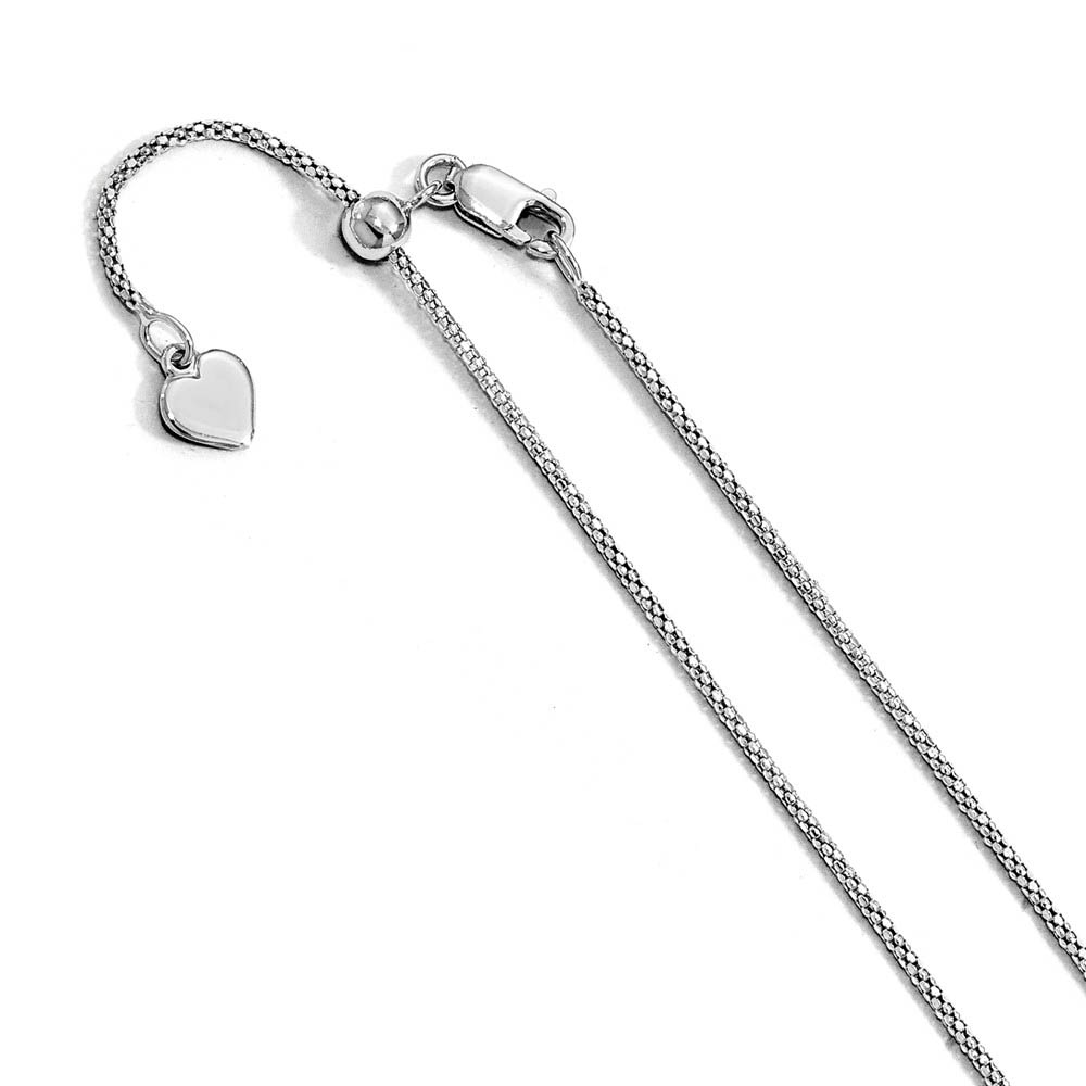 1.2mm Rhodium Sterling Silver Adj. Popcorn Mesh Chain Necklace