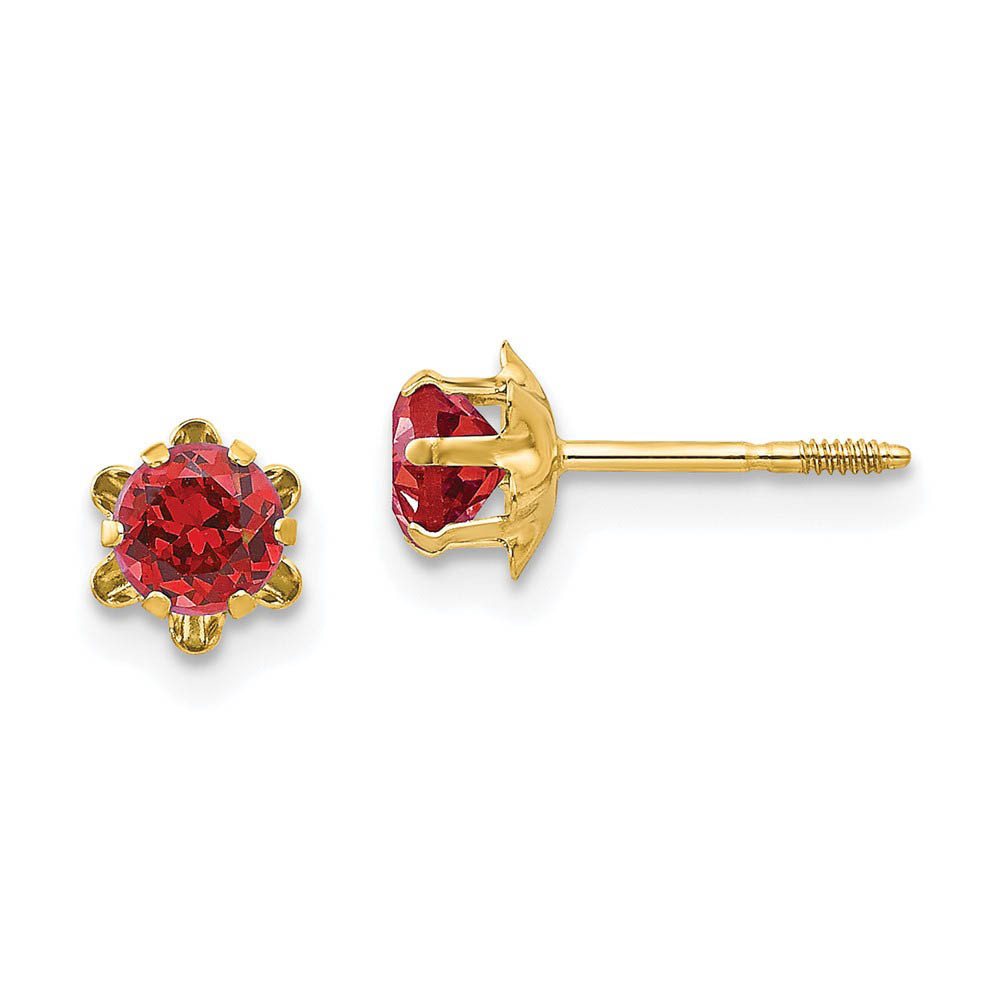 Kids 4mm Synthetic Ruby Screw Back 14k Yellow Gold Stud Earrings