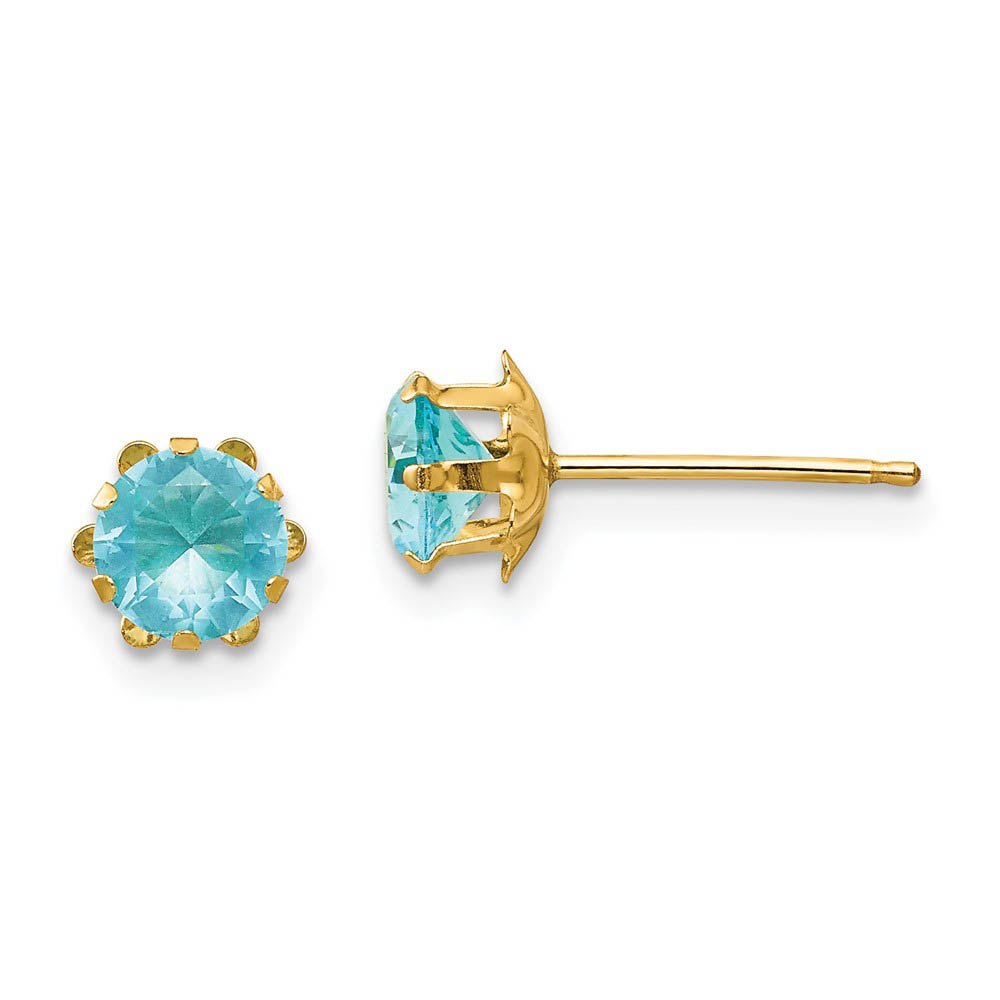 Kids 5mm Synthetic Aquamarine Birthstone 14k Yellow Gold Stud Earrings