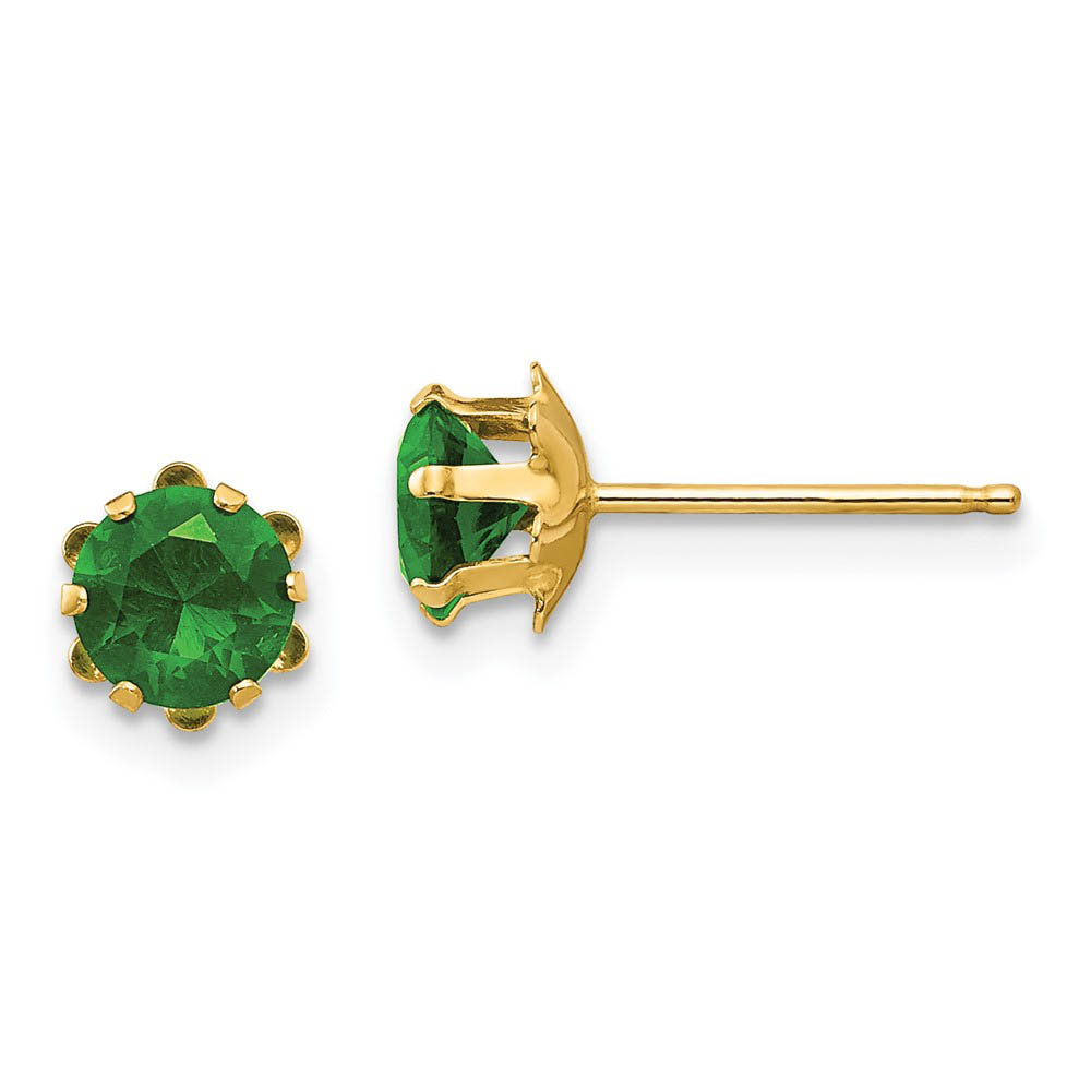 Kids 5mm Synthetic Emerald Birthstone 14k Yellow Gold Stud Earrings