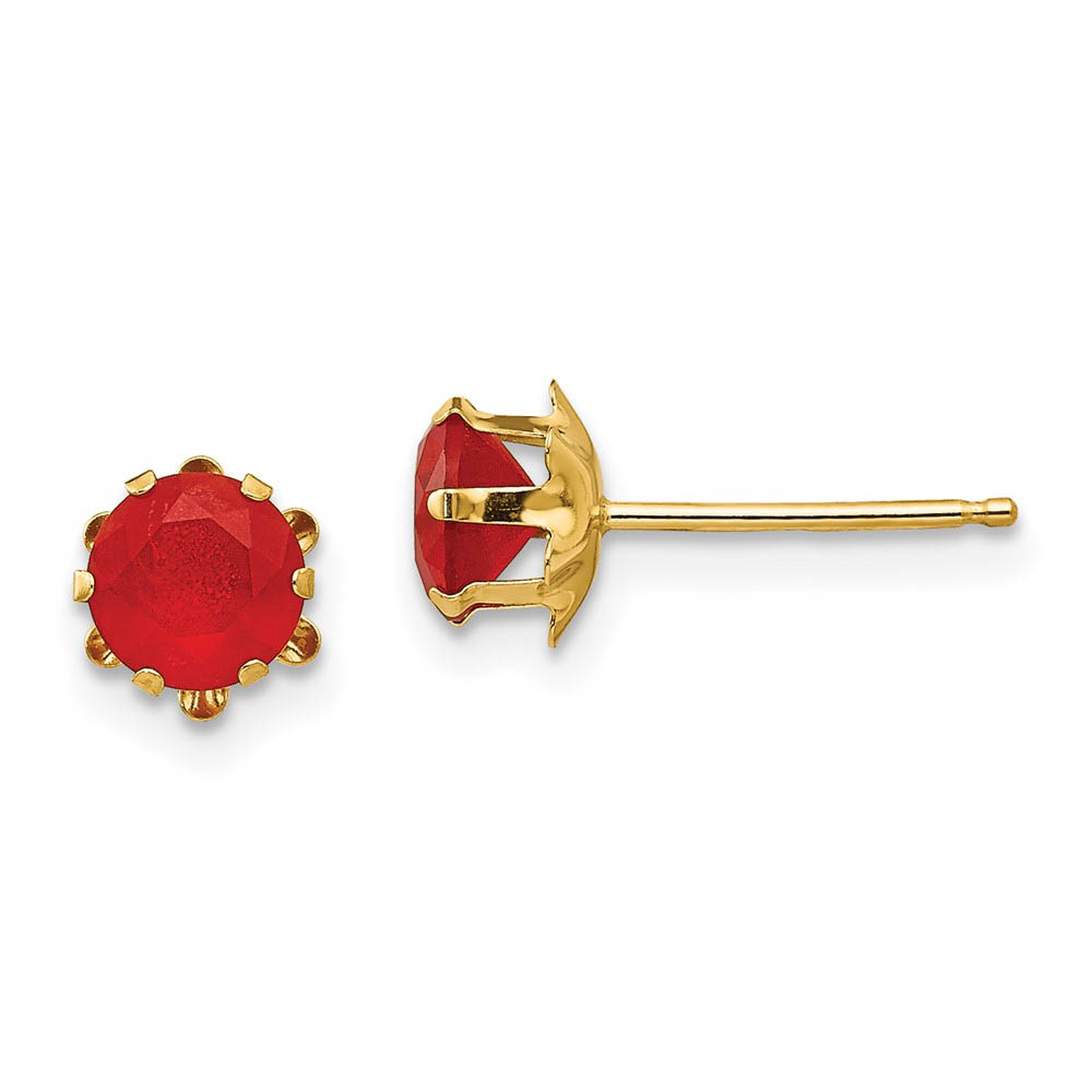 Kids 5mm Synthetic Ruby Birthstone 14k Yellow Gold Stud Earrings