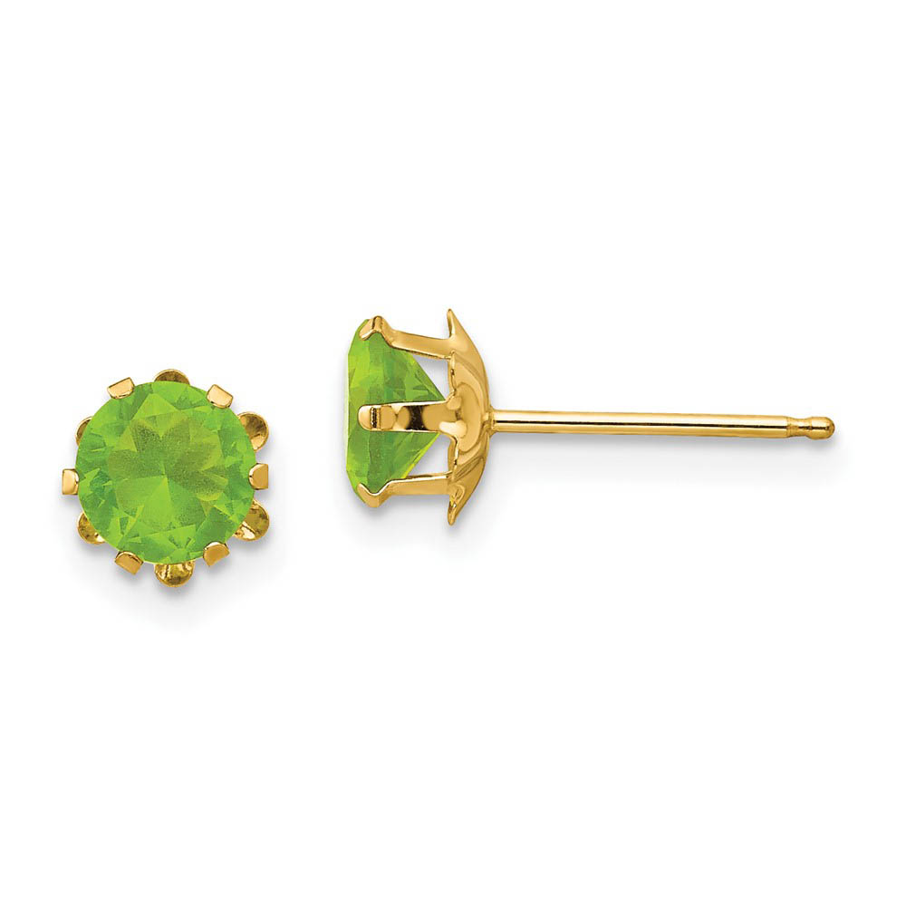 Kids 5mm Synthetic Peridot Birthstone 14k Yellow Gold Stud Earrings