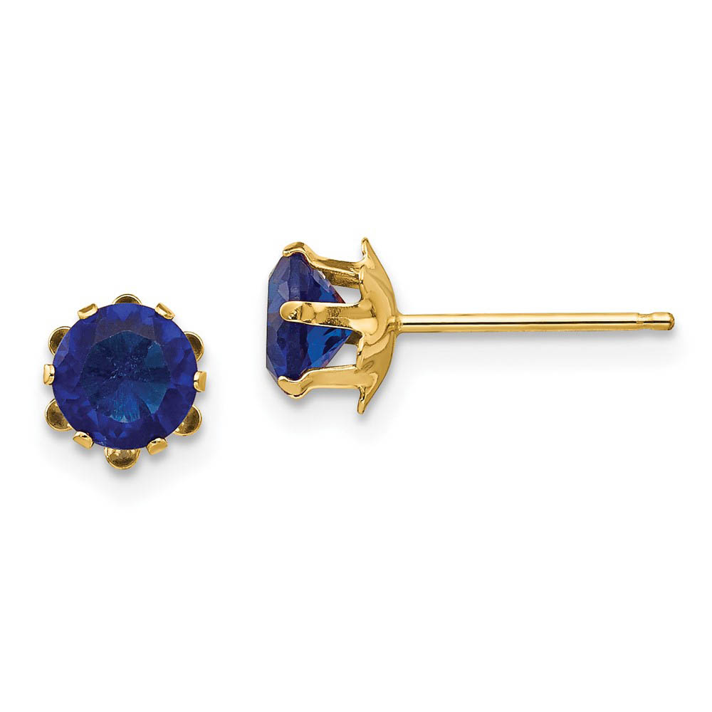 Kids 5mm Synthetic Sapphire Birthstone 14k Yellow Gold Stud Earrings