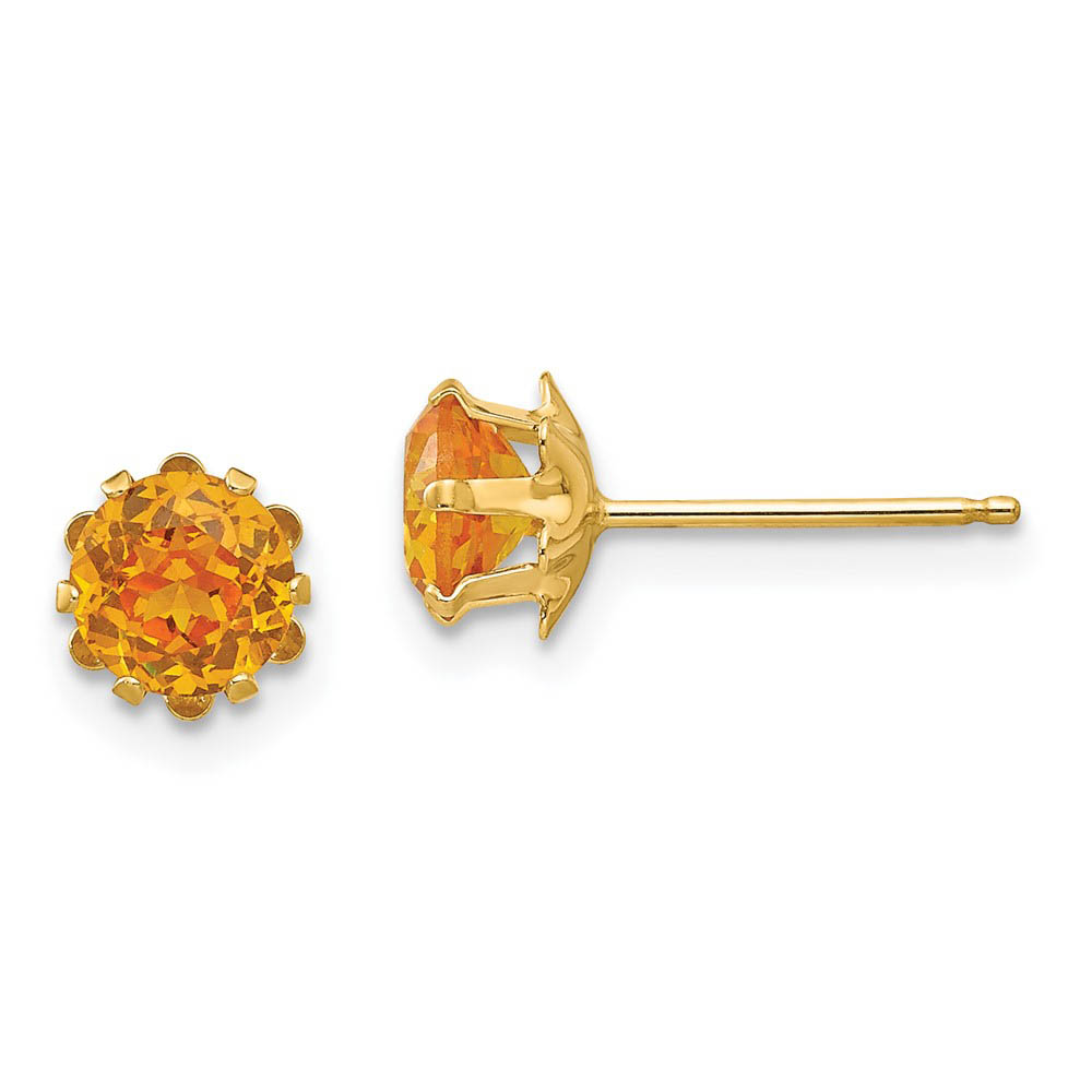 Kids 5mm Synthetic Citrine Birthstone 14k Yellow Gold Stud Earrings