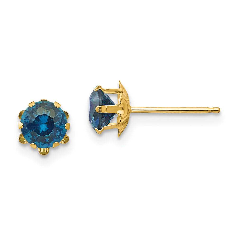 Kids 5mm Synthetic Blue Topaz Birthstone 14k Yellow Gold Stud Earrings