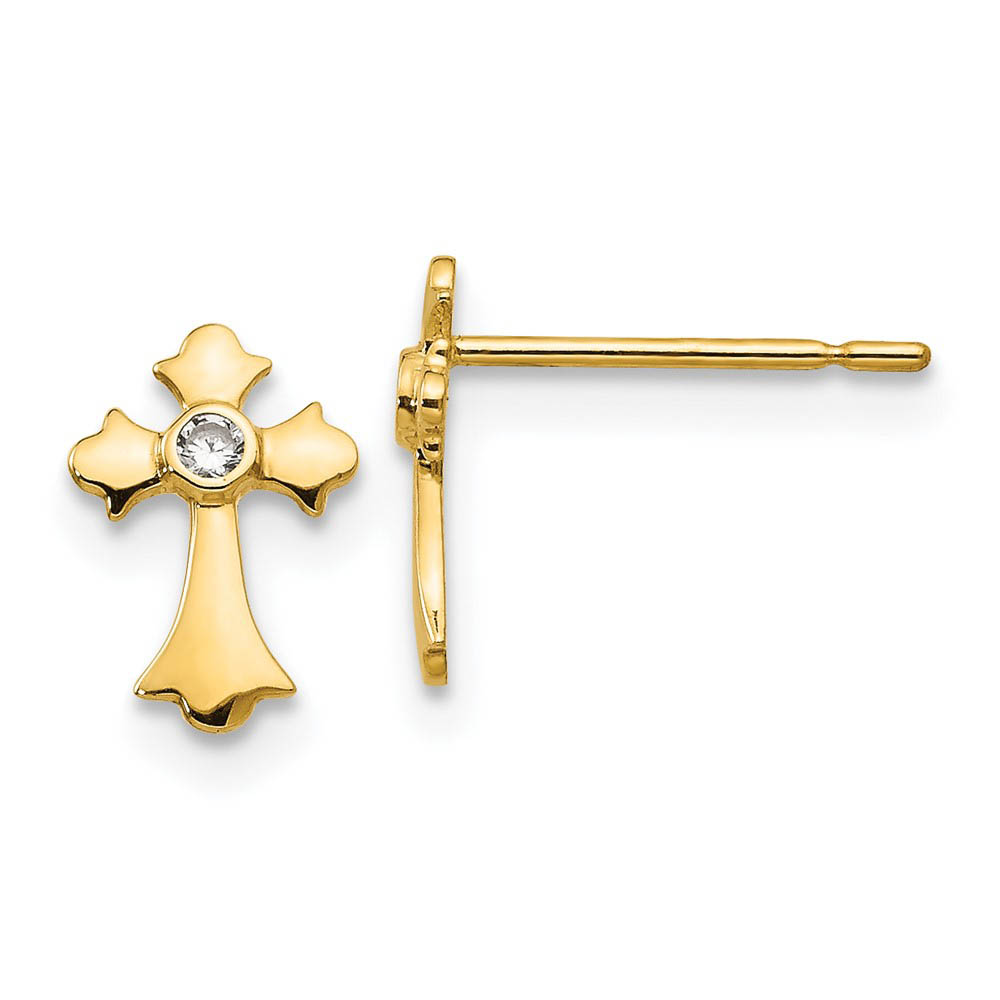 Children&#039;s 14k Yellow Gold &amp; CZ 9mm Fleur de Lis Cross Post Earrings