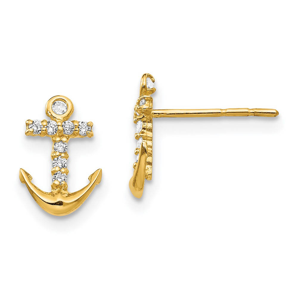 Children&#039;s 14k Yellow Gold &amp; CZ 9mm Anchor Cross Post Earrings