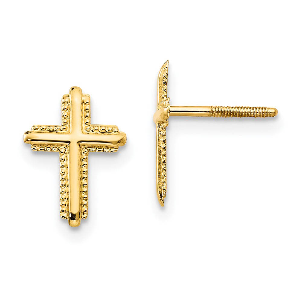 Children&#039;s 14k Yellow Gold 10mm Textured Cross Screw Back Earrings