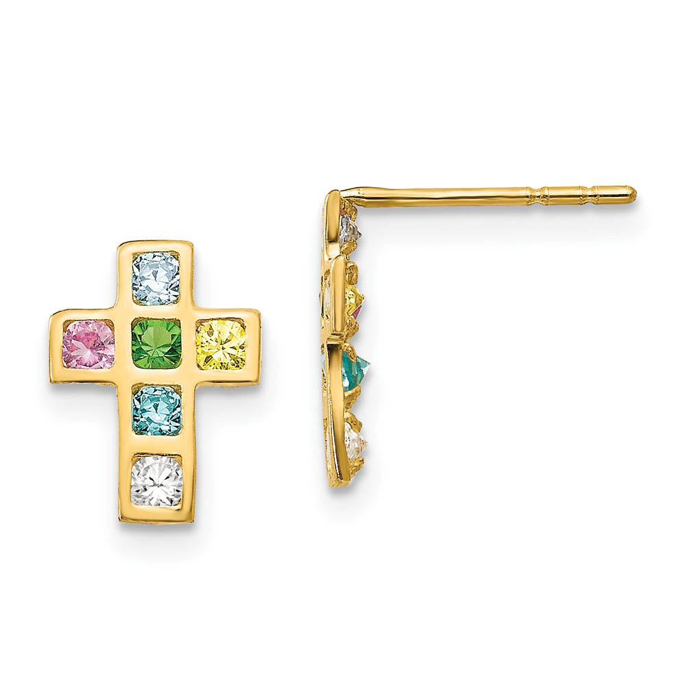 Children's 14k Yellow Gold & CZ 10mm Jeweled Cross Post Earrings