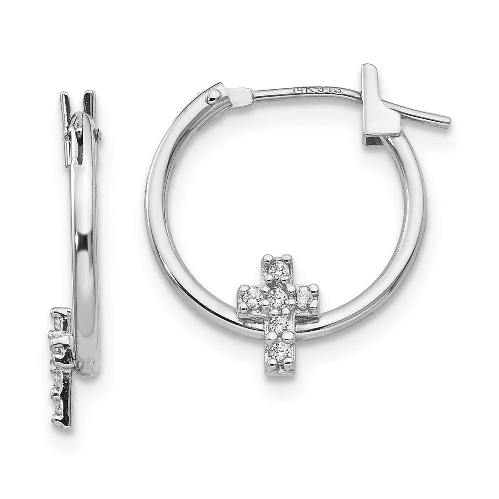 Children&#039;s 14k White Gold &amp; CZ 13mm Cross Hinged Post Hoop Earrings