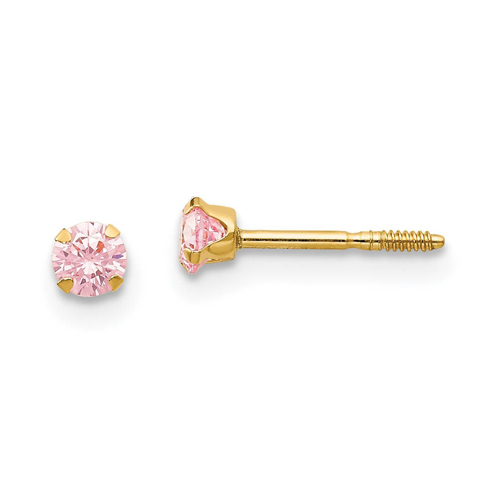 Kids 3mm Pink Cubic Zirconia Stud Screw Back Earrings in 14k Gold