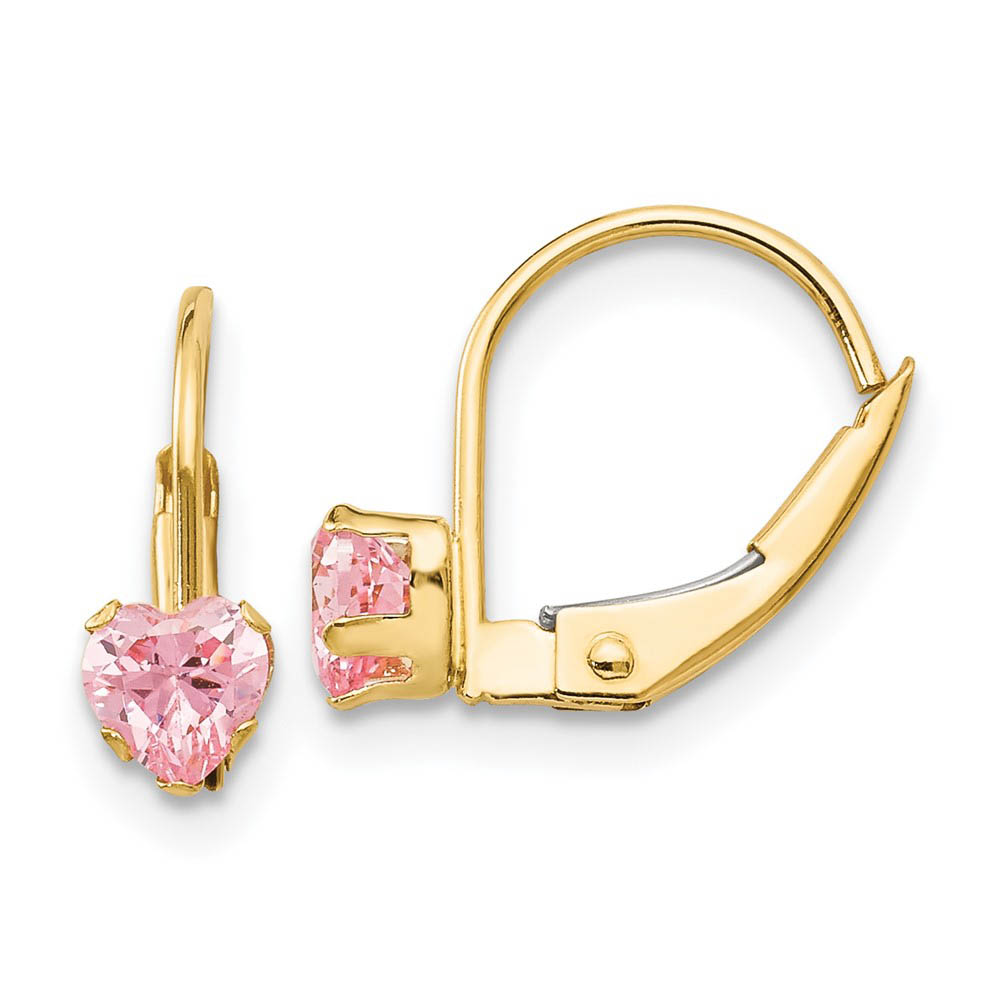 Kids 4mm Heart Shaped Pink Cubic Zirconia Lever Earrings in 14k Gold