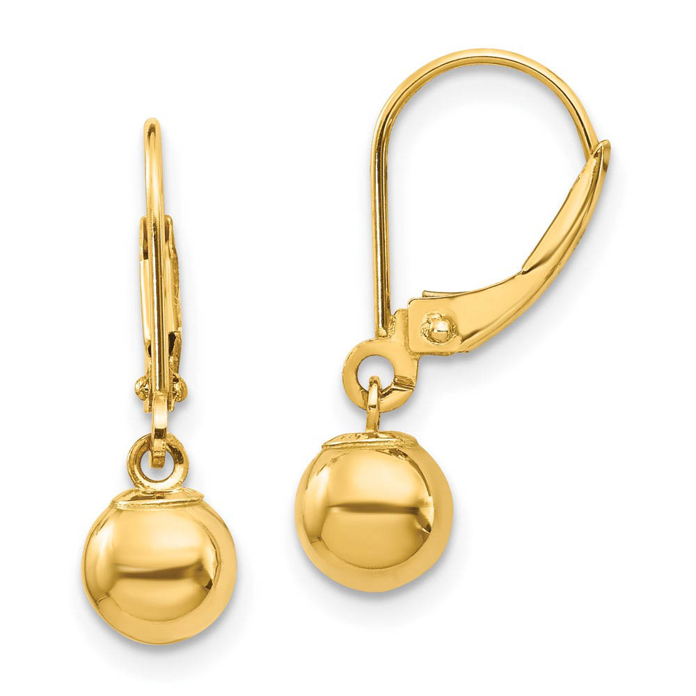 6mm Dangle Bead Lever Back Earrings in 14k Yellow Gold