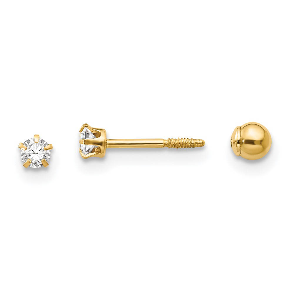 Kids 14k Yellow Gold &amp; Crystal Reversible 3mm Ball Screw Back Earrings