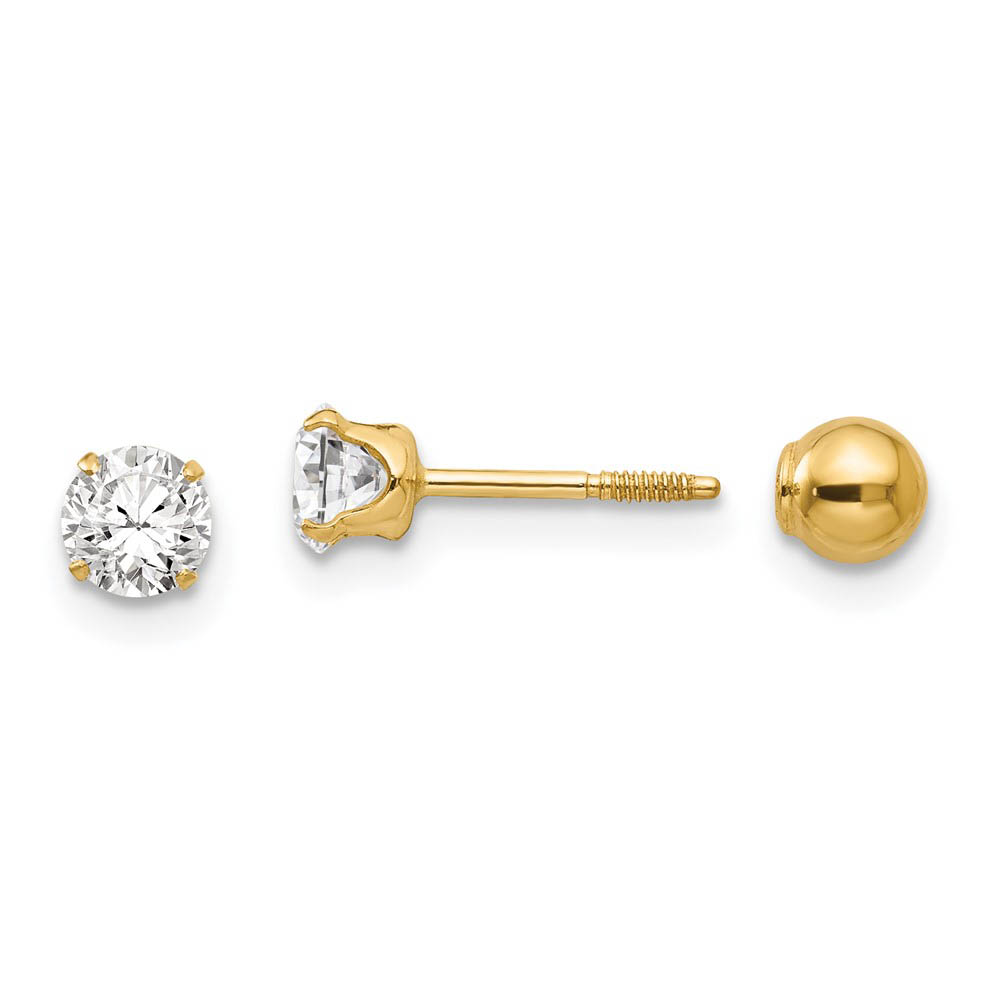 Reversible 4mm Crystal and Ball Screw Back Earrings in 14k Yellow Gold