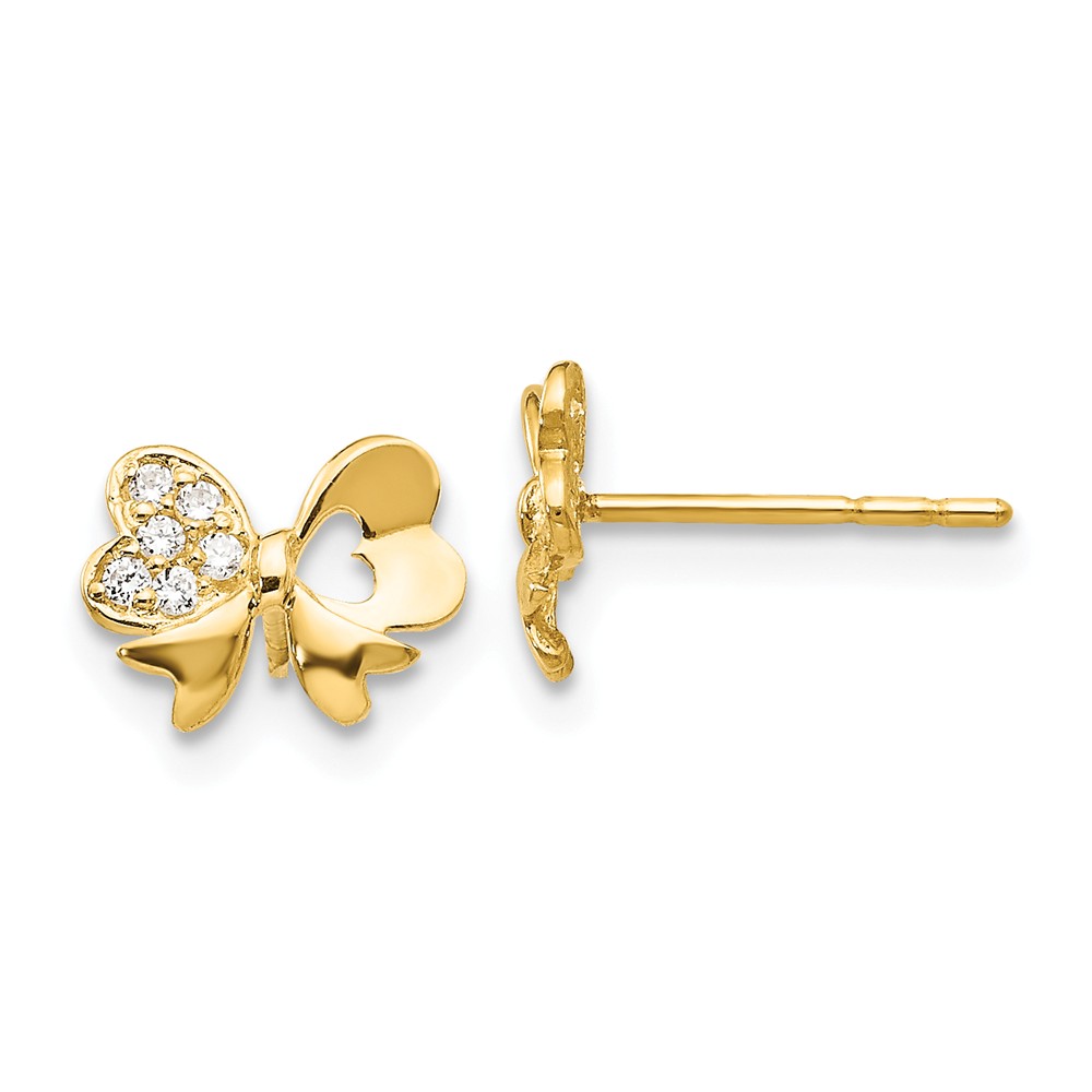 Girls 14k Yellow Gold & CZ Heart Bow Friction Back Post Earrings