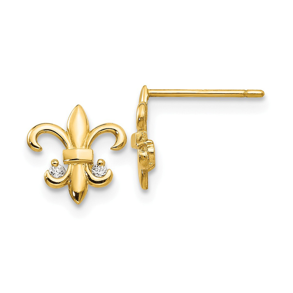 Kids 7mm Cubic Zirconia Fleur de lis Post Earrings in 14k Yellow Gold