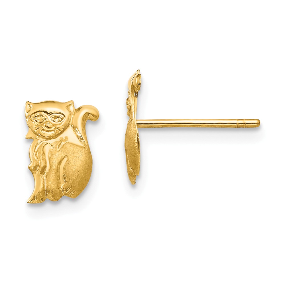 Kids Polished and Satin Cat Post Earrings in 14k Yellow Gold