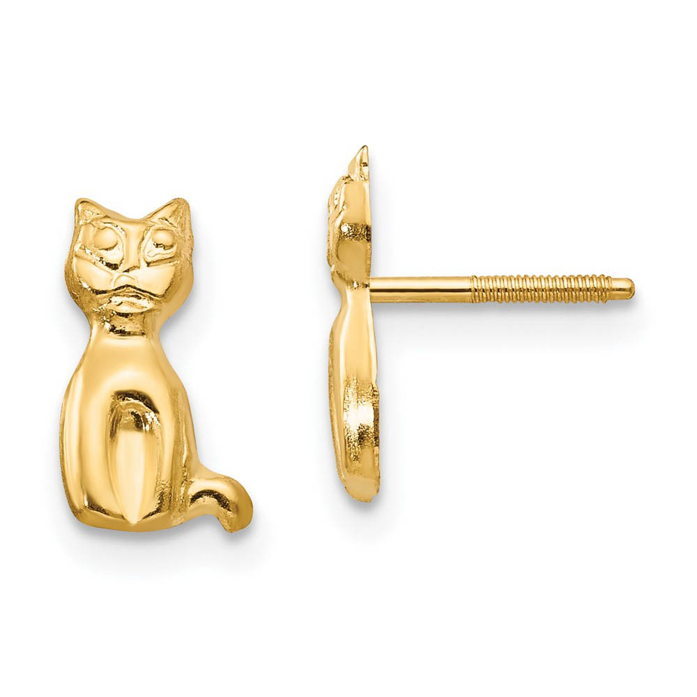 Kids Polished Cat Friction Back Post Earrings in 14k Yellow Gold