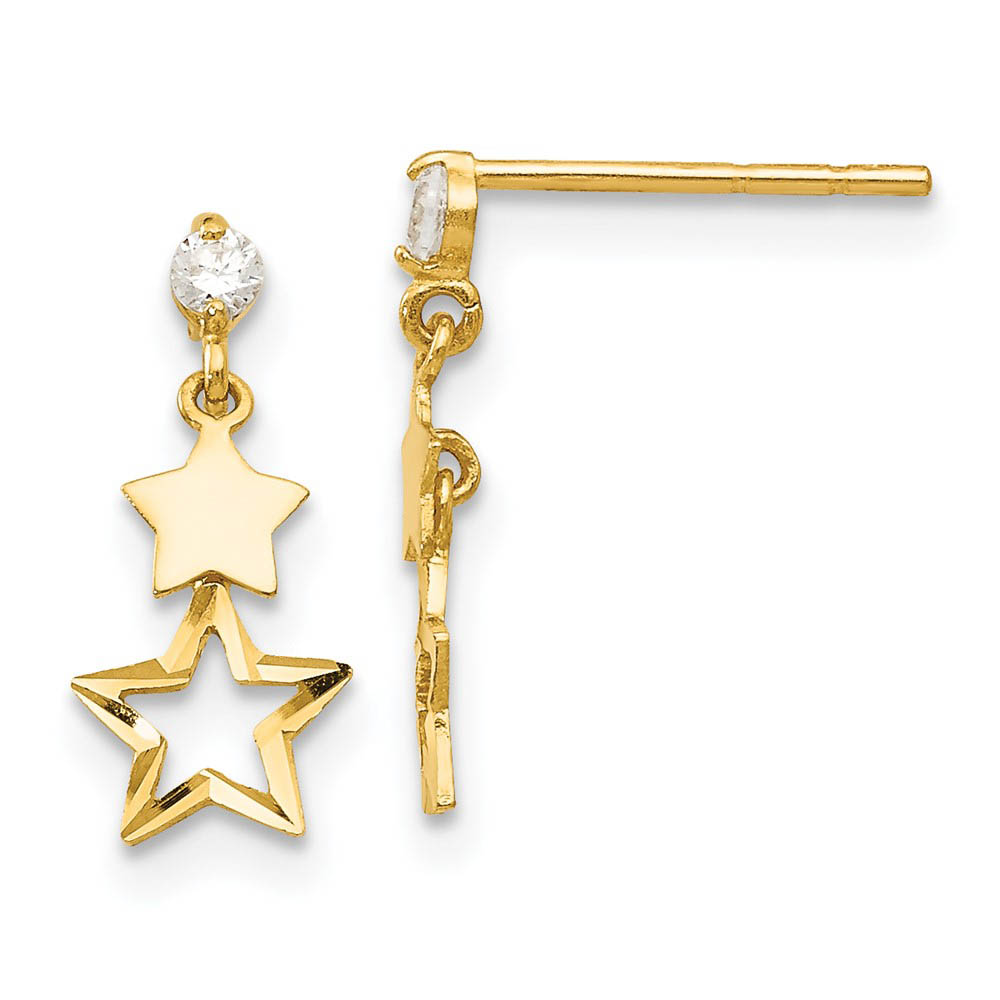 Kids Cubic Zirconia Double Star Post Dangle Earrings in 14k Gold