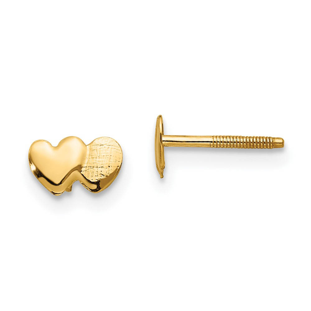 Kids Double Heart Screw Back Post Earrings in 14k Yellow Gold