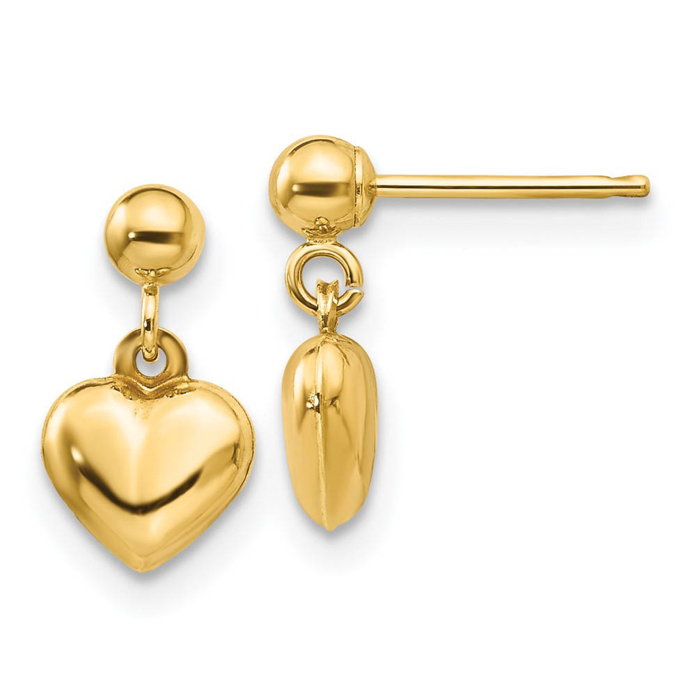 Kids Puffed Heart Dangle Post Earrings in 14k Yellow Gold