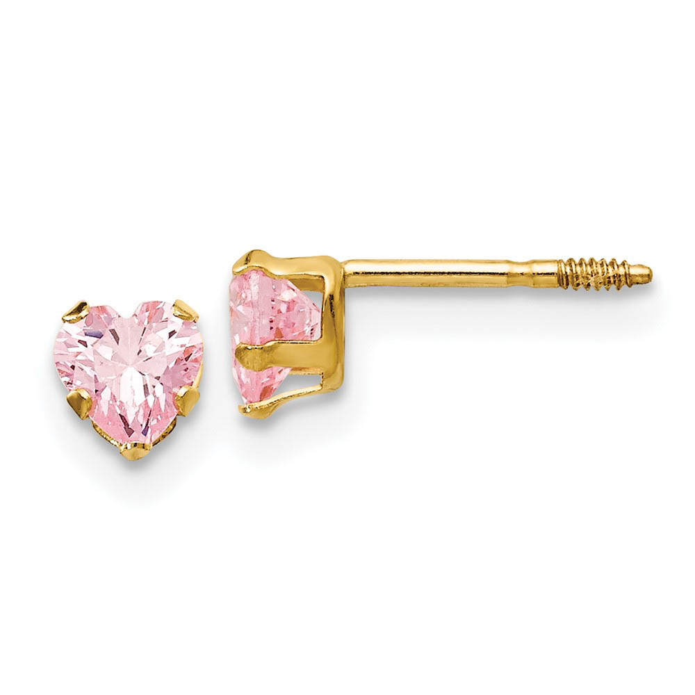 Kids 4mm Pink Cubic Zirconia Heart Post Earrings in 14k Gold