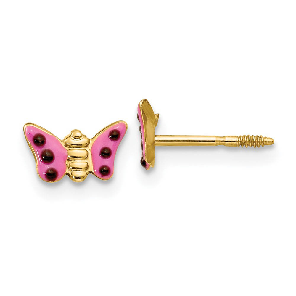 Kids Pink Enameled Butterfly Post Earrings in 14k Yellow Gold