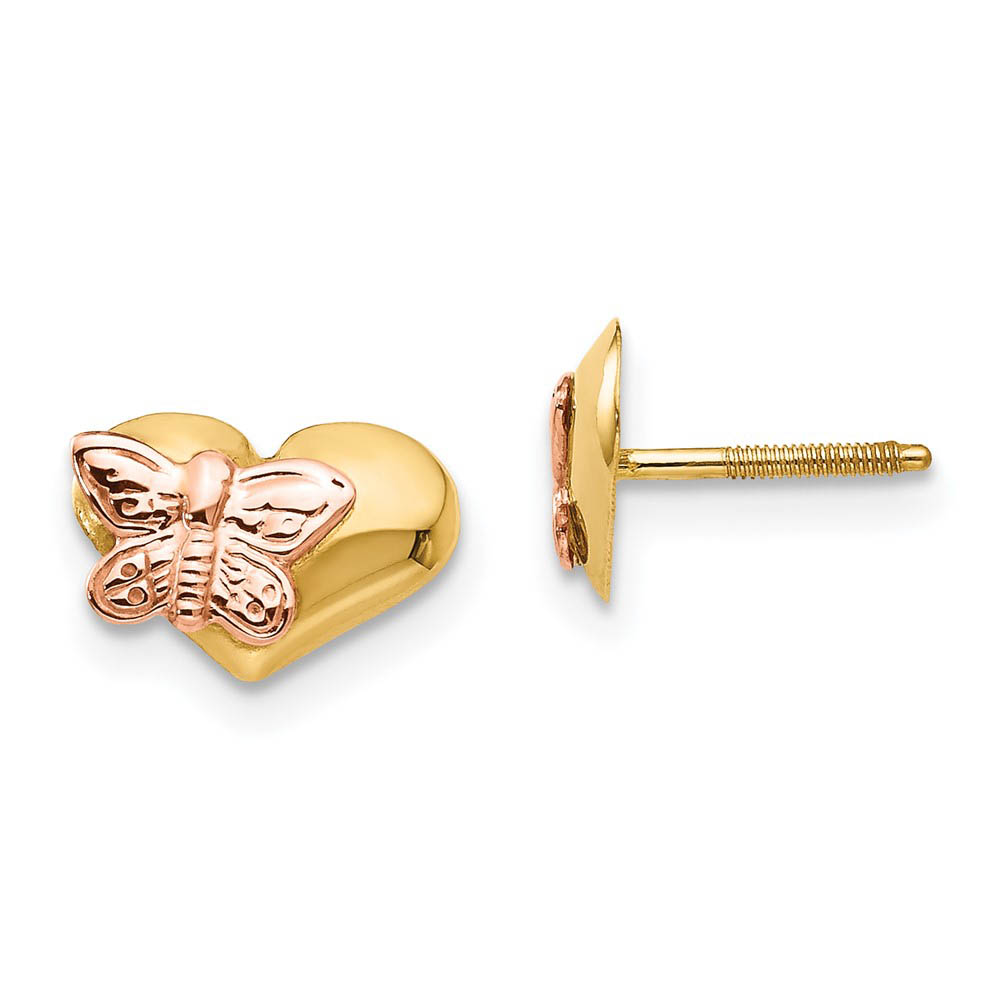 Kids 14k Yellow Gold Heart &amp; Pink Rhodium Butterfly ScrewBack Earrings