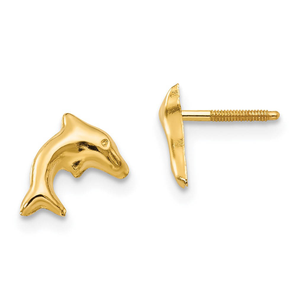 Kids Small Dolphin Screw Back Post Earrings in 14k Yellow Gold