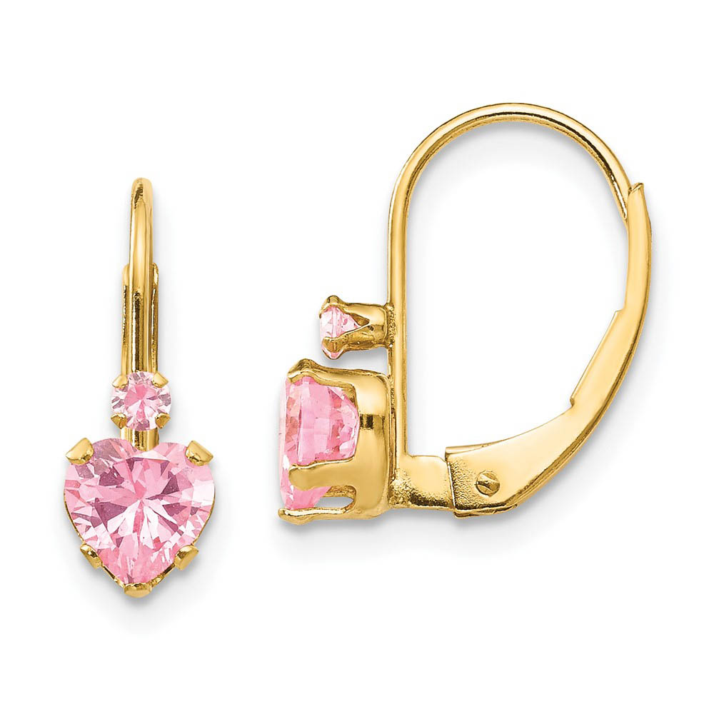 Kids Pink Cubic Zirconia Heart Lever Back Earrings in 14k Yellow Gold