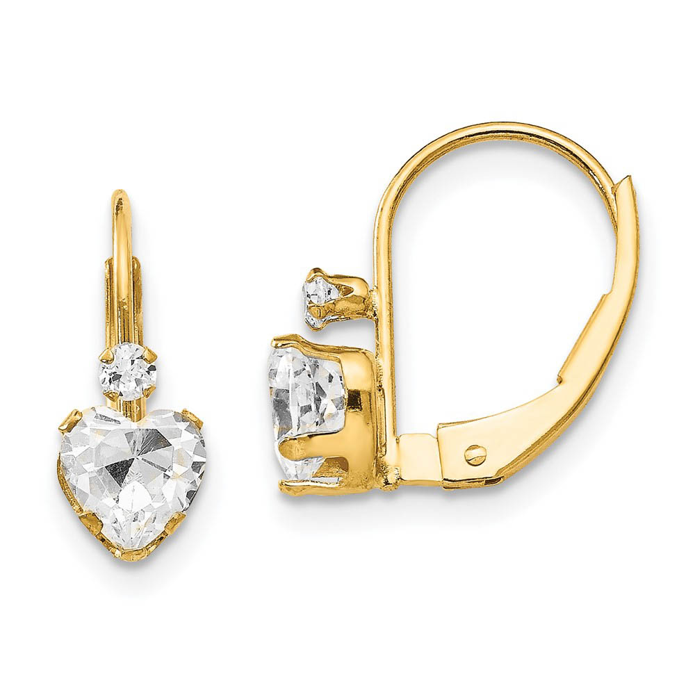 Kids Clear Cubic Zirconia Heart Lever Back Earrings in 14k Yellow Gold