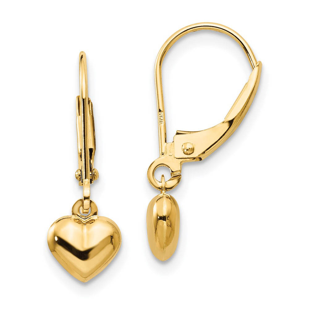 Kids 5mm Puffed Heart Lever Back Earrings in 14k Yellow Gold